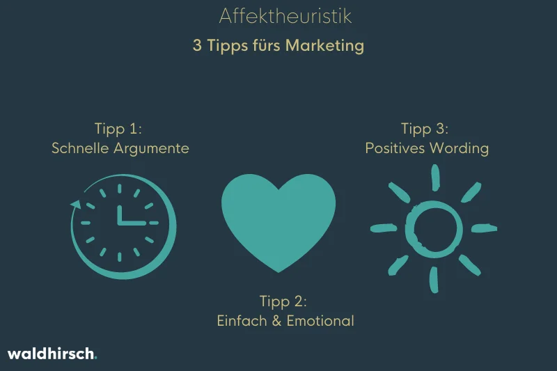 Ein Bild mit einer Uhr, einem Herzen und einer Sonne zur Darstellung der 3 Tipps der Affektheuristik