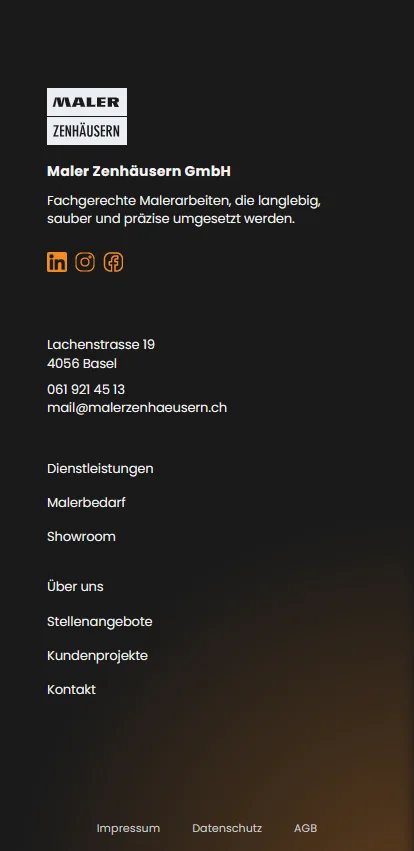 Footer auf der Webseite von Maler Zenhäusern