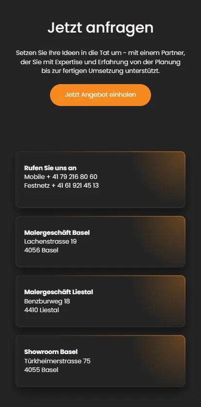 Kontaktsektion auf der Webseite von Maler Zenhäusern