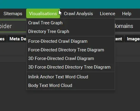 Die verschiedenen Visualisierungen des sCreaming Frogs im DRop-Down-Menü.