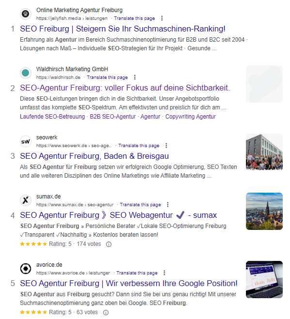 Google Suchergebnisse mit organischen Ergebnissen für die Suchanfrage "seo agentur freiburg".